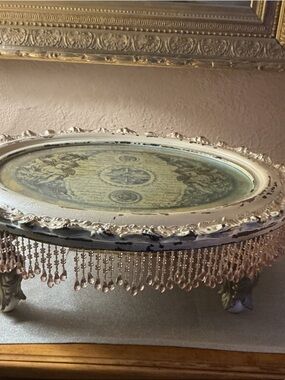 Ornate Cream Decorative Tray with Pink Beaded Fringe